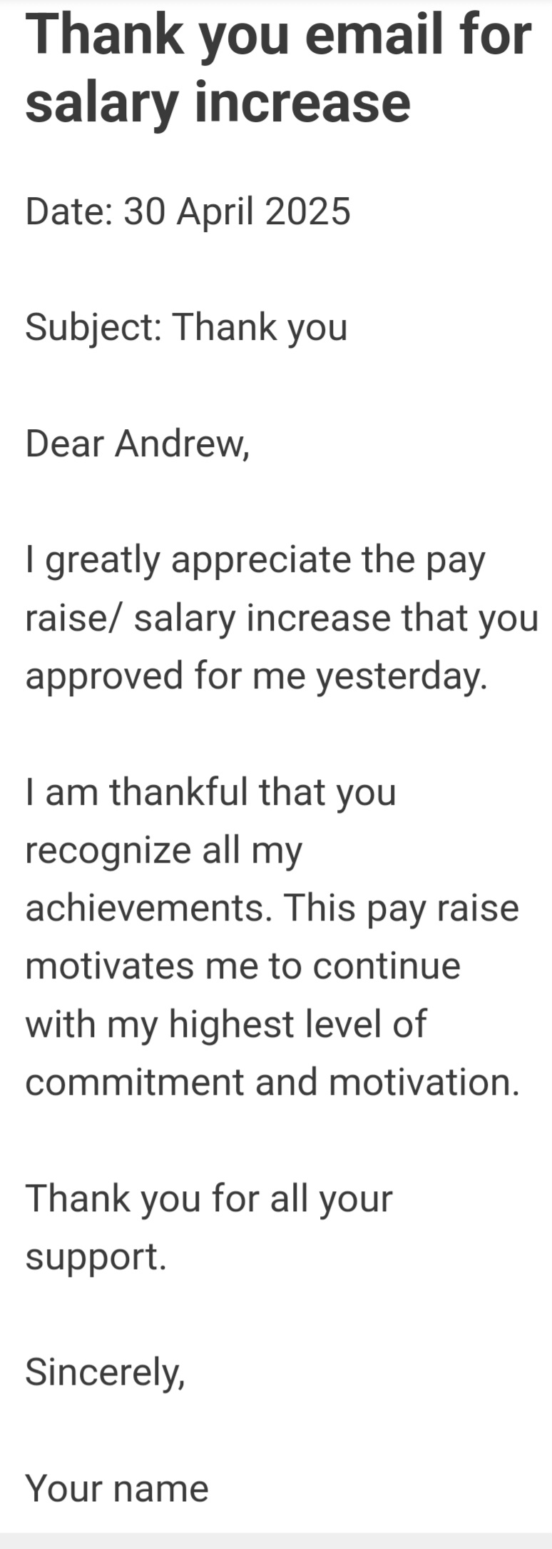 Thank you email for salary increase, pay raise or promotion